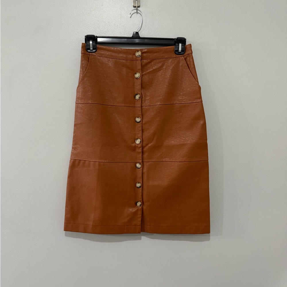 Women’s Button-Front A-Line Faux Leather Skirt - Brown
